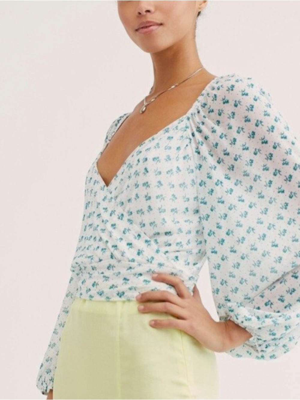 Free People White Blouse with Teal Floral Print